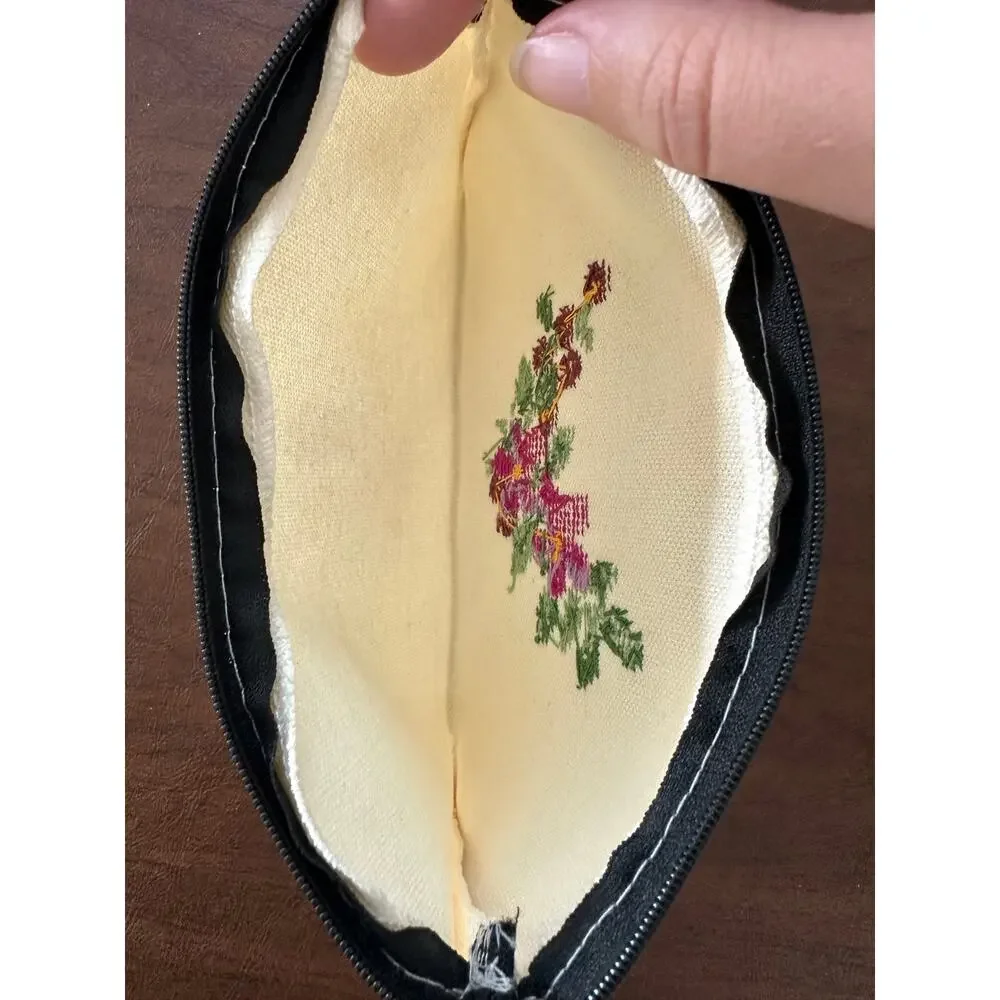 Hand Embroidered Floral Zipper Pouch Needlepoint Cosmetic Bag Boho Cottage